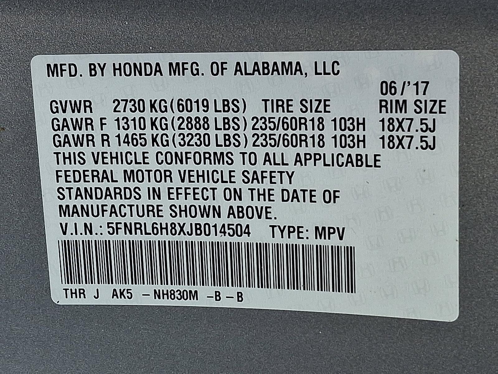 2018 Honda Odyssey Touring Auto