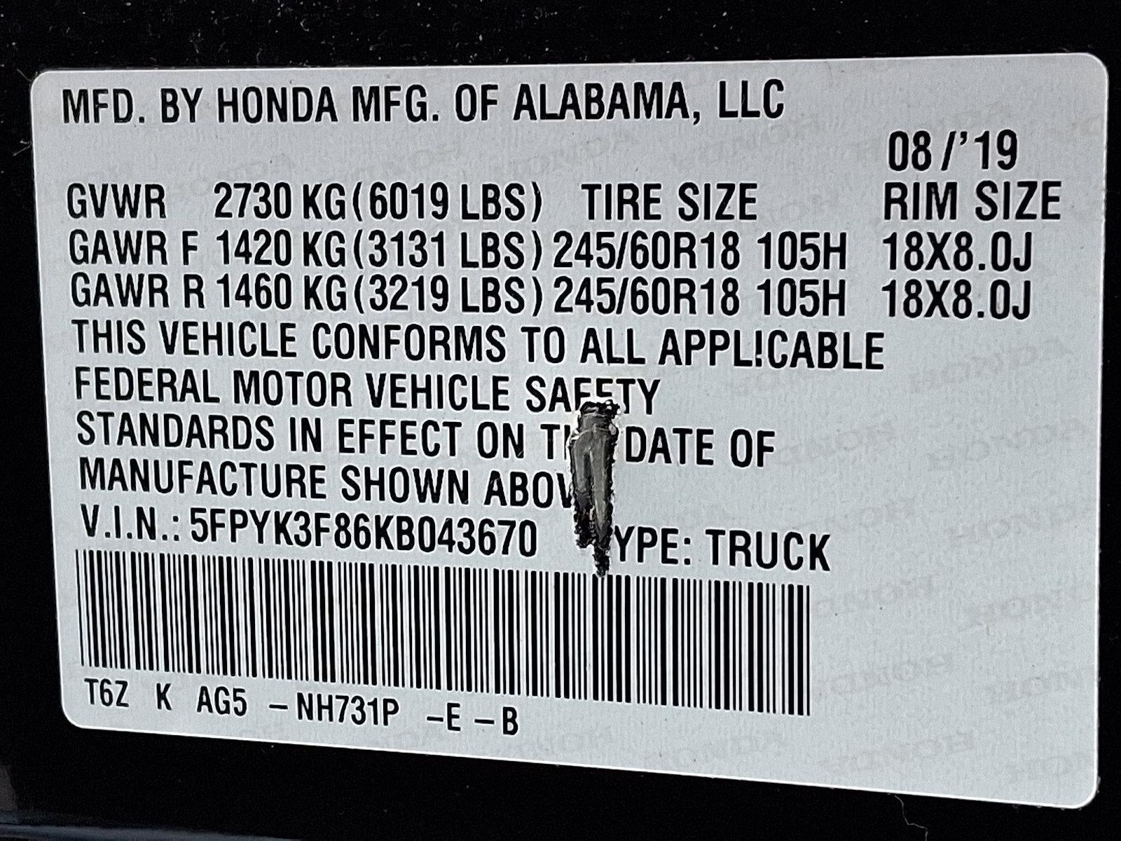 2019 Honda Ridgeline Black Edition AWD